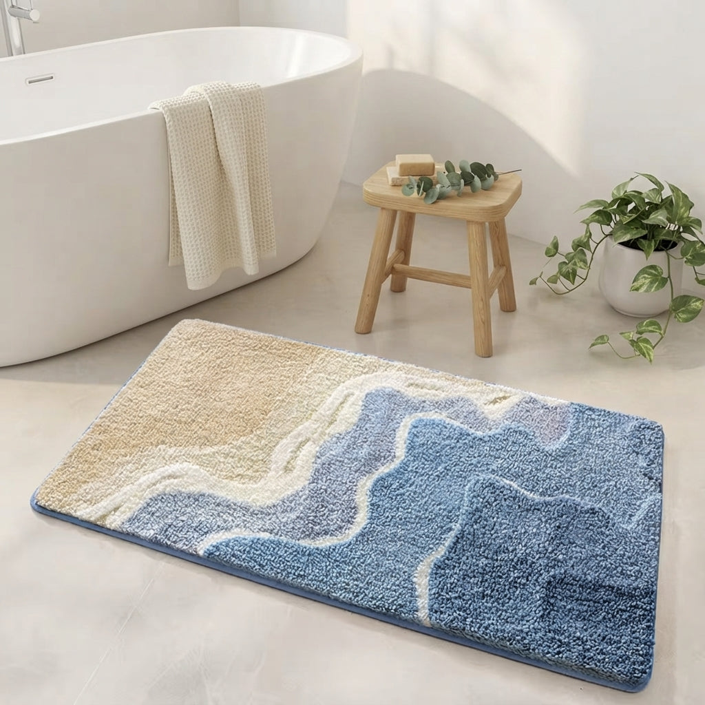 Seaside Bath Mat - Plush Absorbent Bathroom Rug, Ocean Wave Design