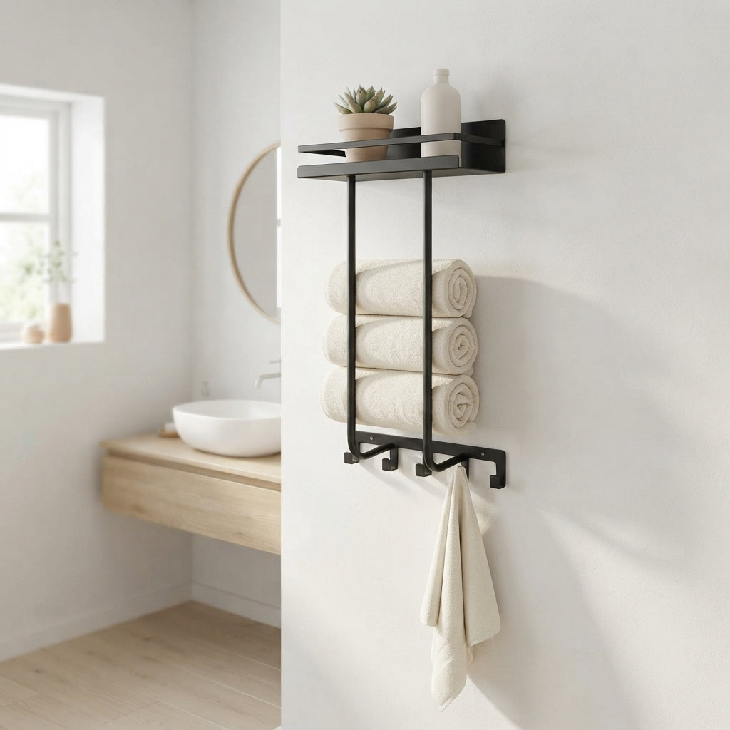 Towel Rack Wall Mounted with Shelf and 5 Hooks - Bathroom Storage