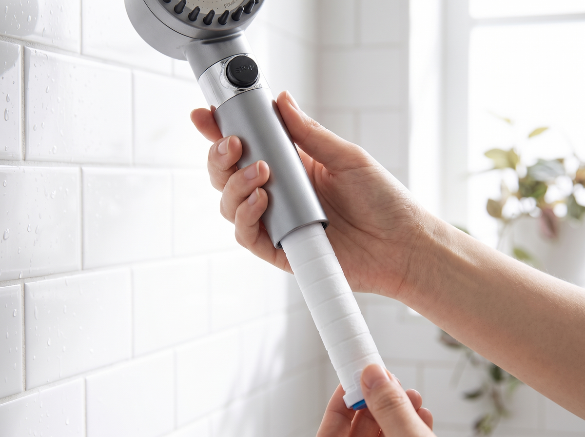 A hand sliding a fresh filter cartridge into a handheld shower head