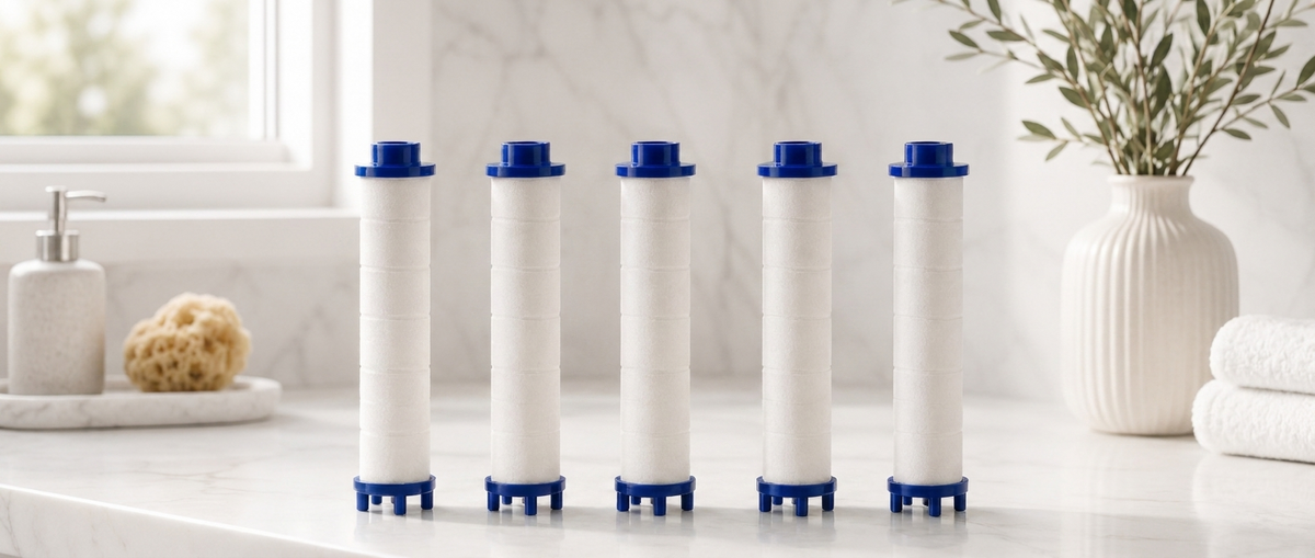 Five Sorelle handheld replacement filter cartridges in a row on a marble bathroom counter