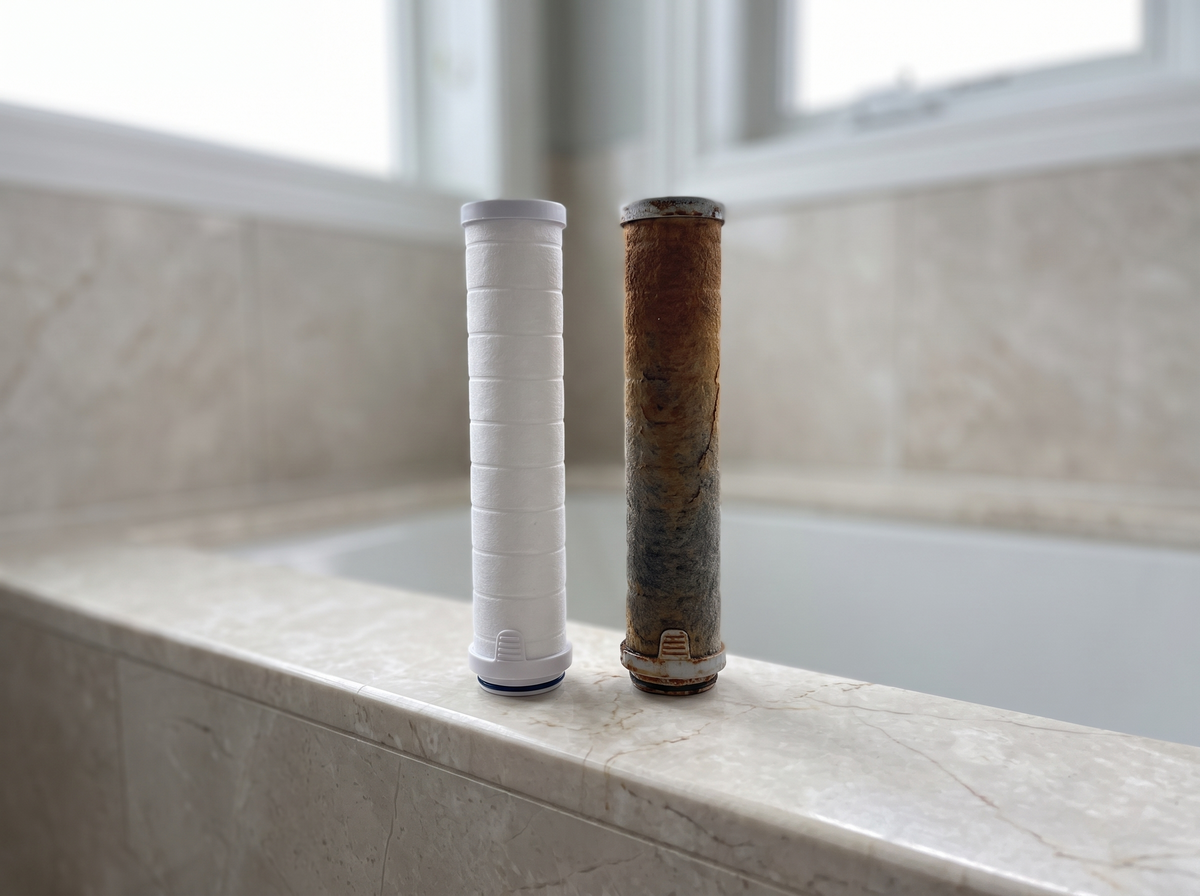 A fresh shower filter cartridge beside a used and discoloured one