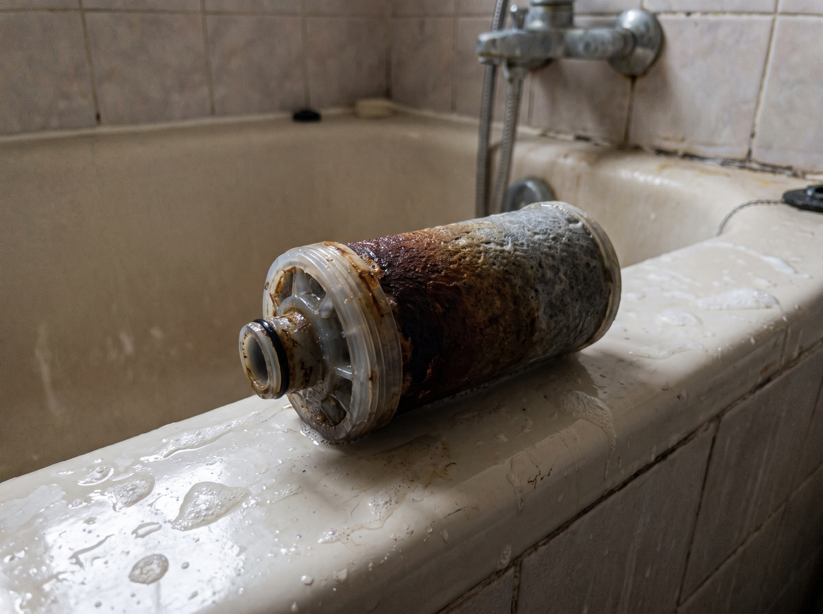 A spent shower filter cartridge left well past its replacement point