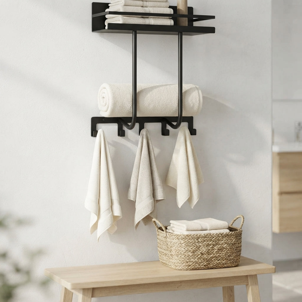 Towel Rack Wall Mounted with Shelf and 5 Hooks - Bathroom Storage