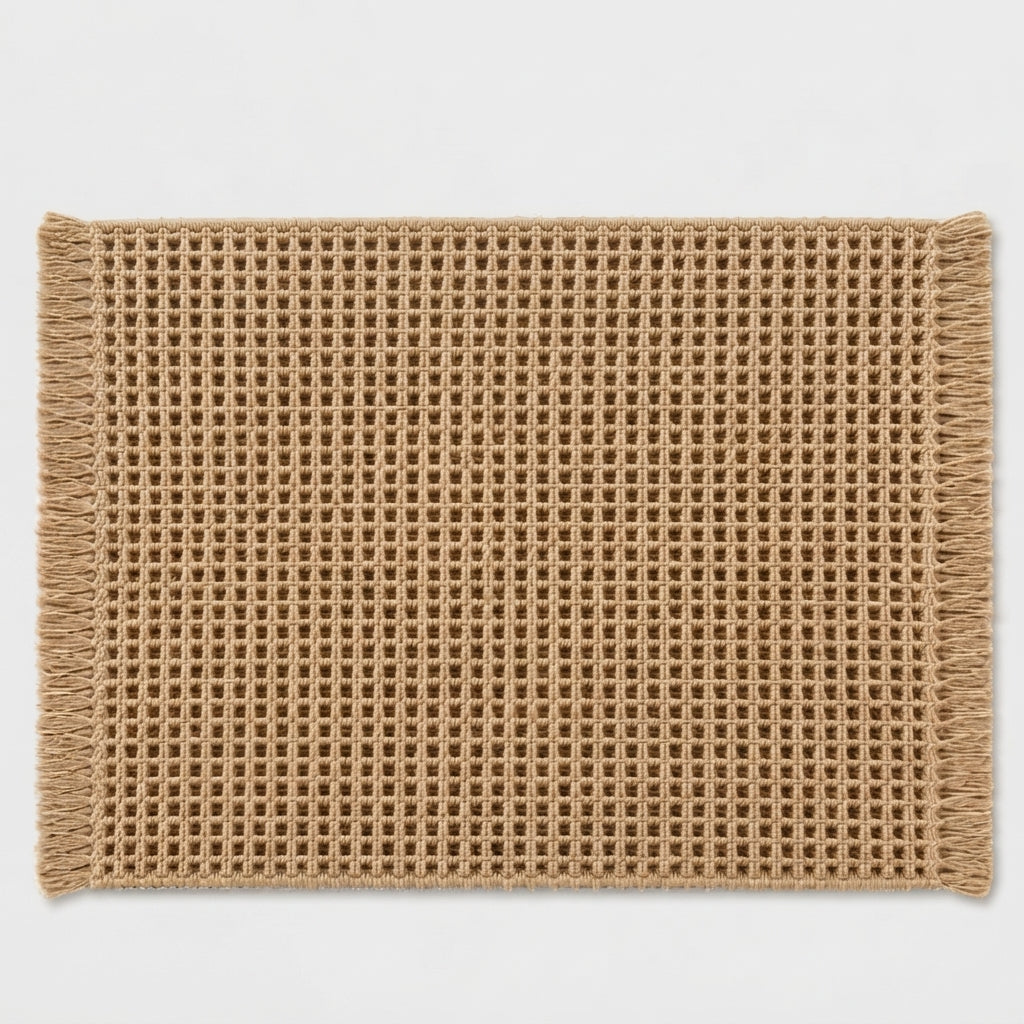 Boho Waffle Bath Mat - Woven Bathroom Rug with Fringe