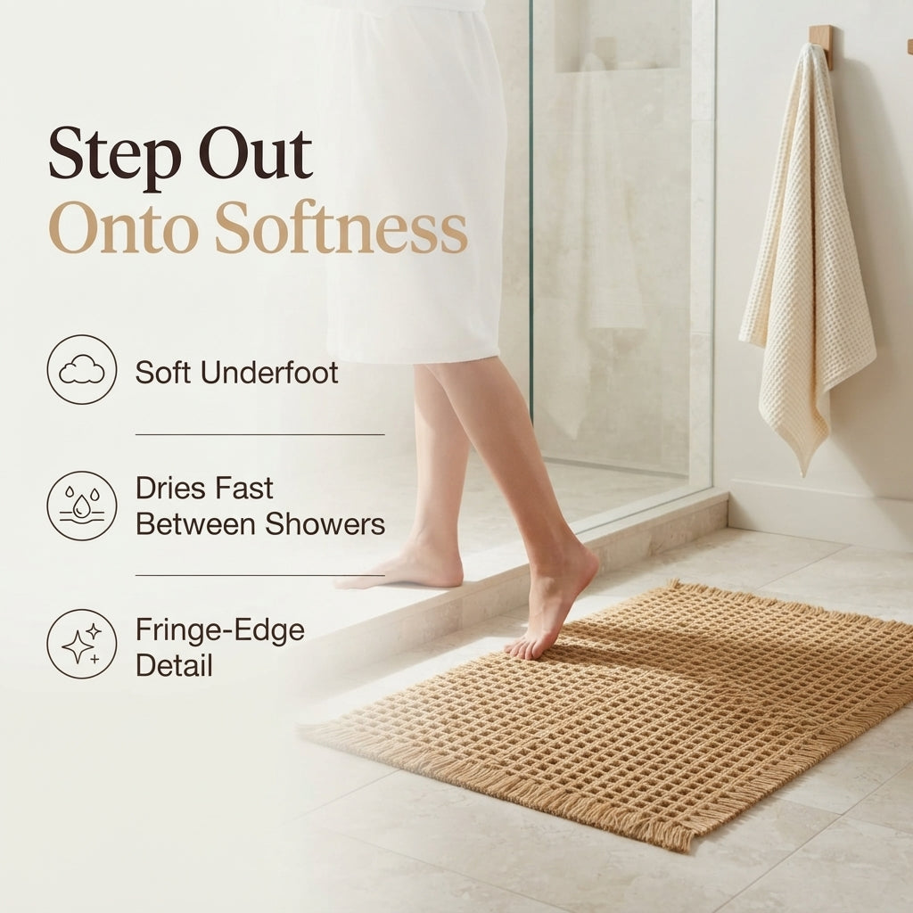 Boho Waffle Bath Mat - Woven Bathroom Rug with Fringe