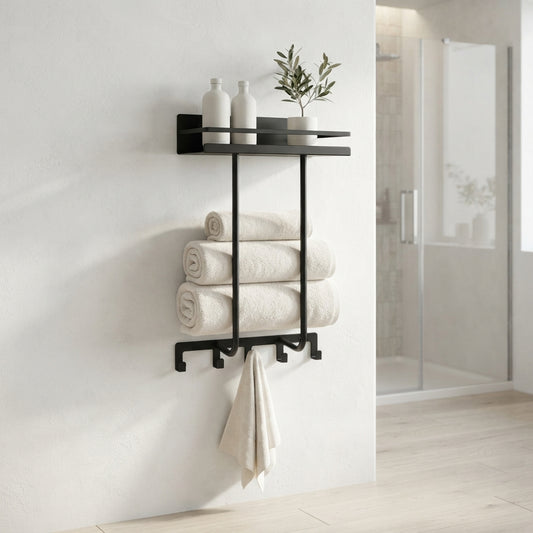Towel Rack Wall Mounted with Shelf and 5 Hooks - Bathroom Storage