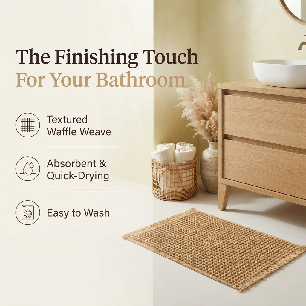 Boho Waffle Bath Mat - Woven Bathroom Rug with Fringe