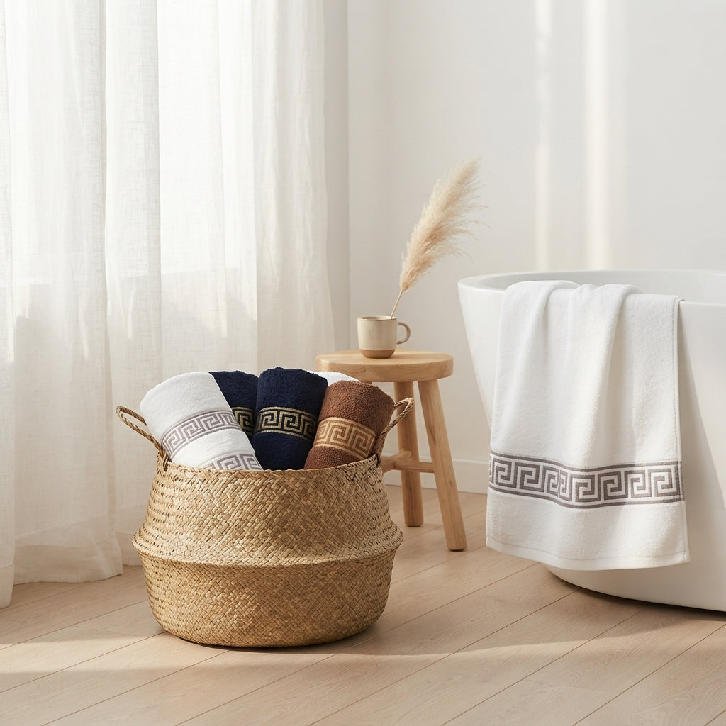 3 Piece Bath Towel Set - Cotton Greek Key Towels