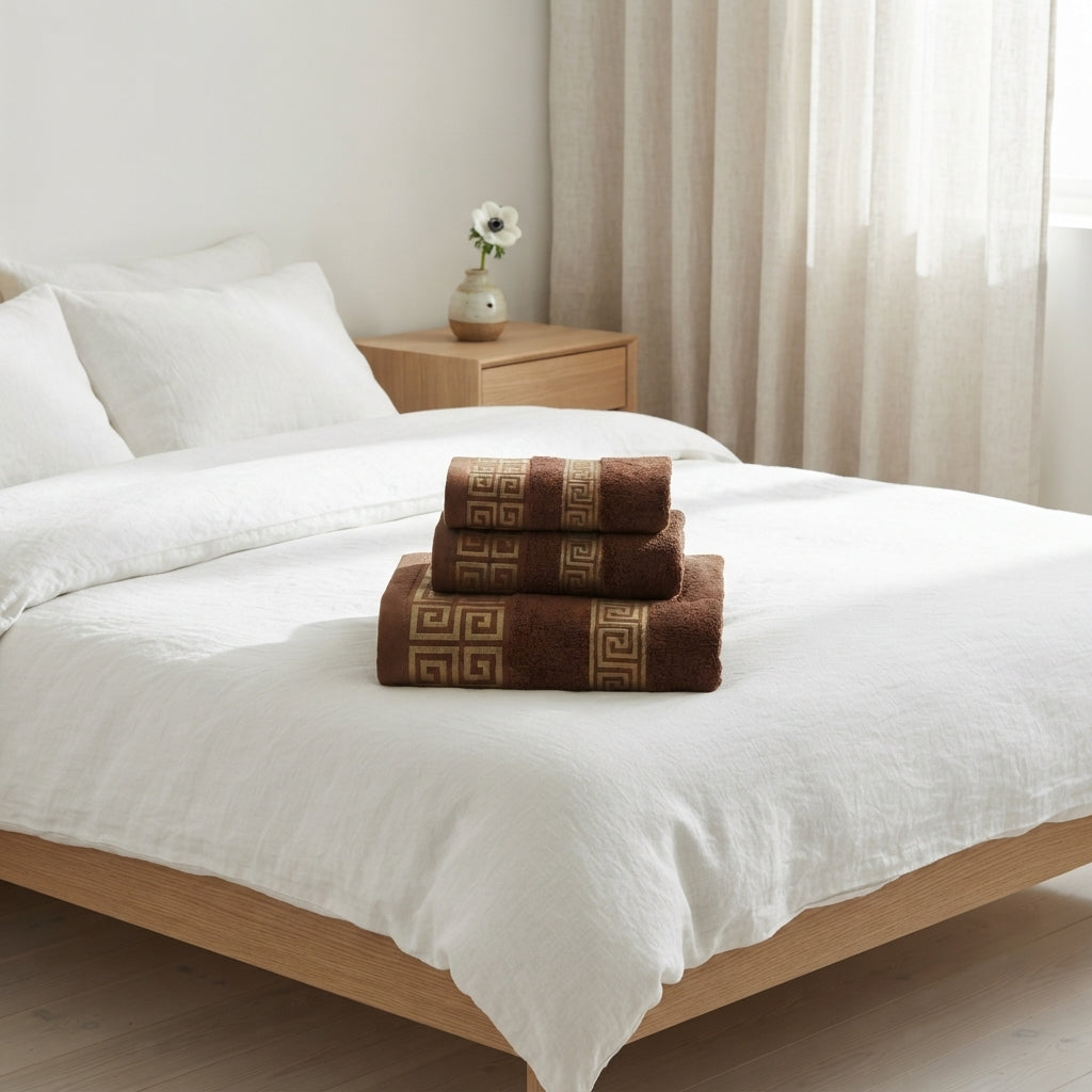 3 Piece Bath Towel Set - Cotton Greek Key Towels