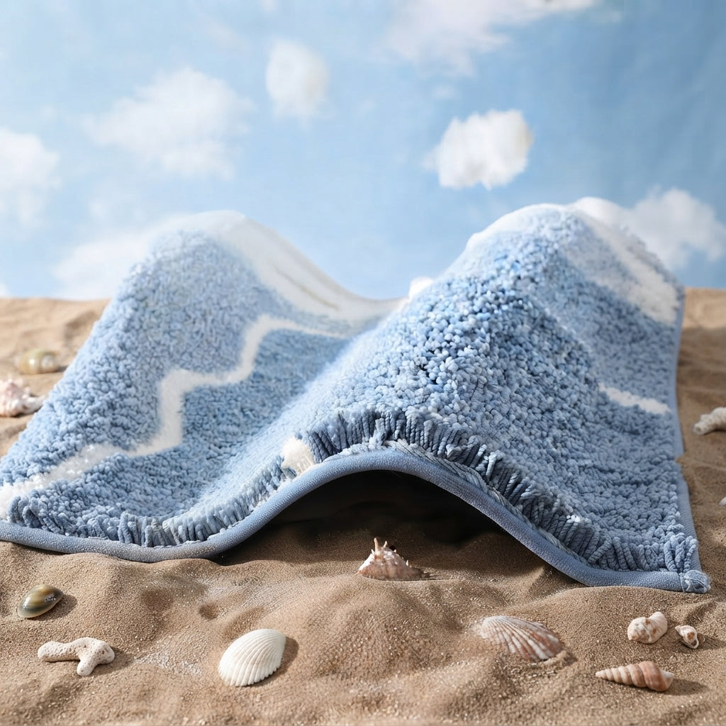 Seaside Bath Mat - Plush Absorbent Bathroom Rug, Ocean Wave Design