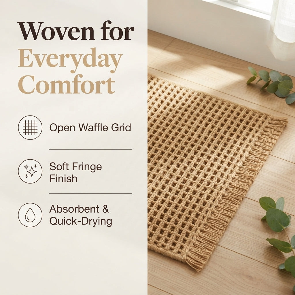 Boho Waffle Bath Mat - Woven Bathroom Rug with Fringe