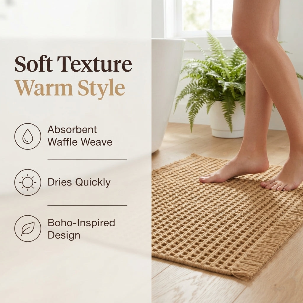 Boho Waffle Bath Mat - Woven Bathroom Rug with Fringe