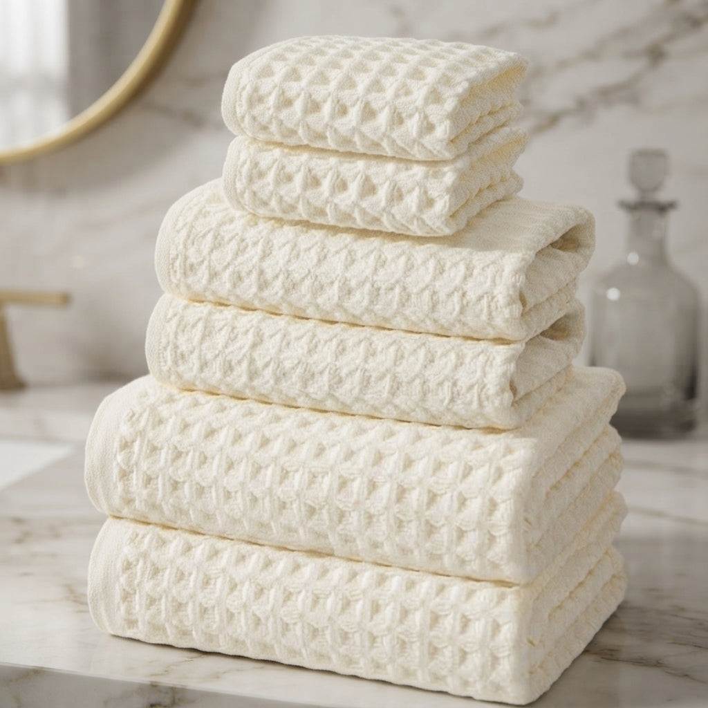 Waffle Bath Towel Set - 6 Piece Cotton Quick Dry Spa Towels