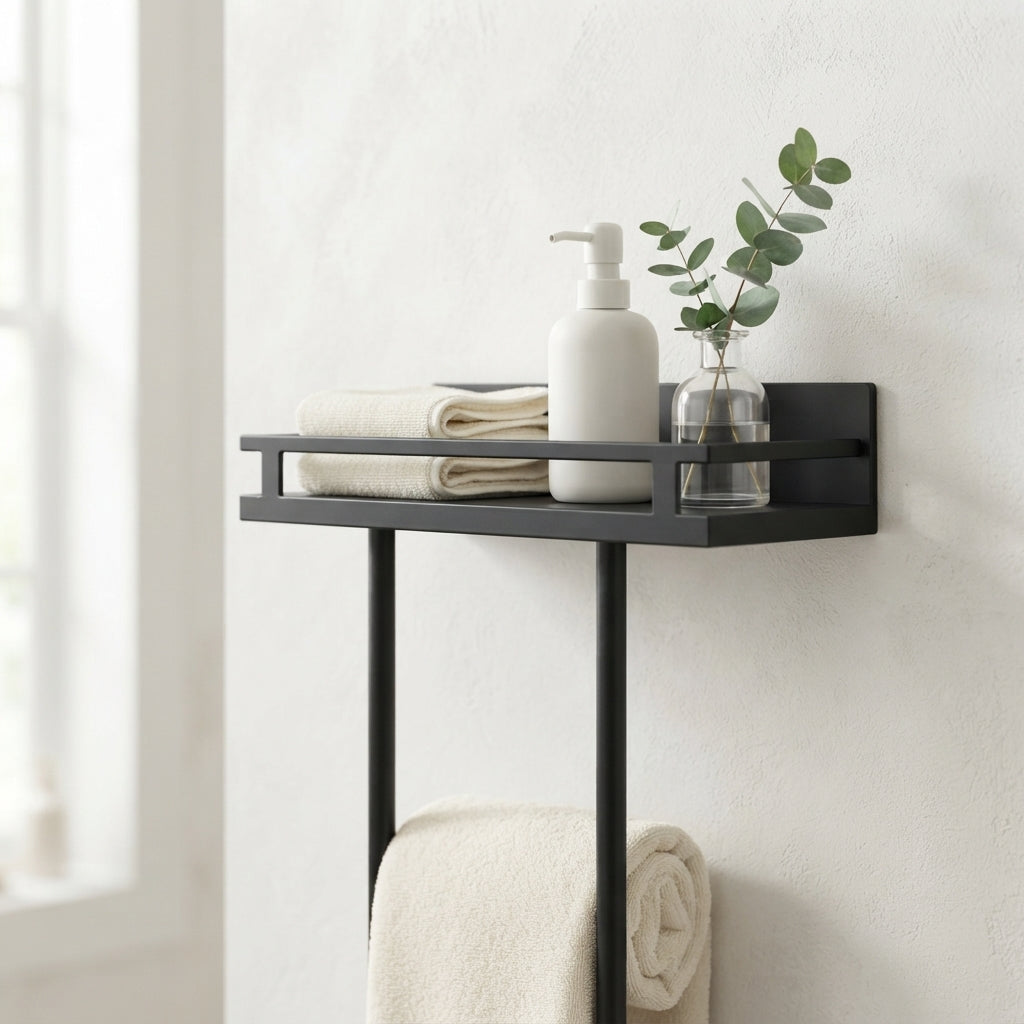 Towel Rack Wall Mounted with Shelf and 5 Hooks - Bathroom Storage