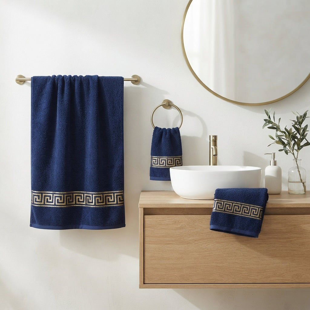 3 Piece Bath Towel Set - Cotton Greek Key Towels