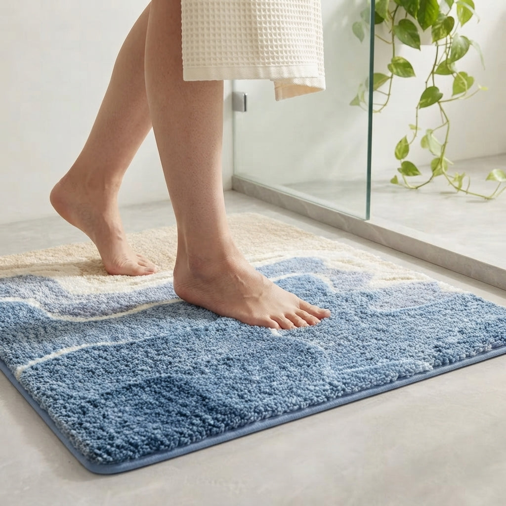 Seaside Bath Mat - Plush Absorbent Bathroom Rug, Ocean Wave Design