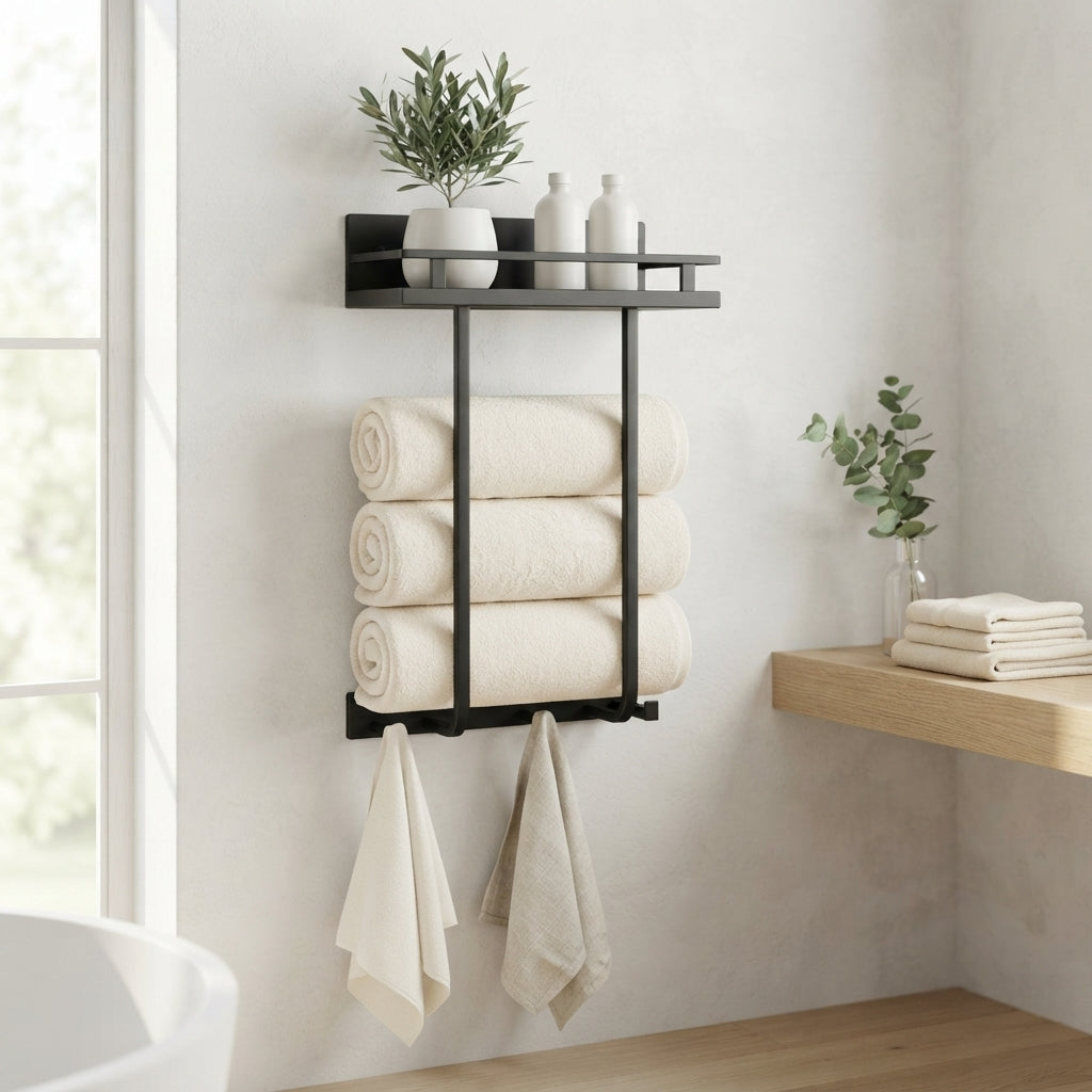 Towel Rack Wall Mounted with Shelf and 5 Hooks - Bathroom Storage