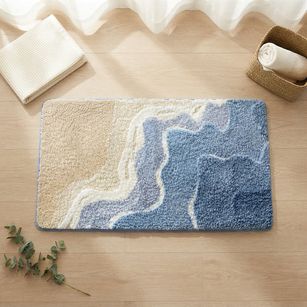 Seaside Bath Mat - Plush Absorbent Bathroom Rug, Ocean Wave Design