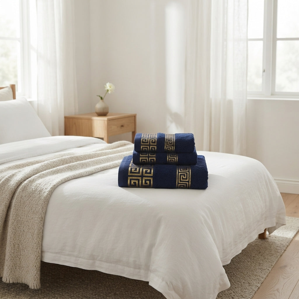 3 Piece Bath Towel Set - Cotton Greek Key Towels