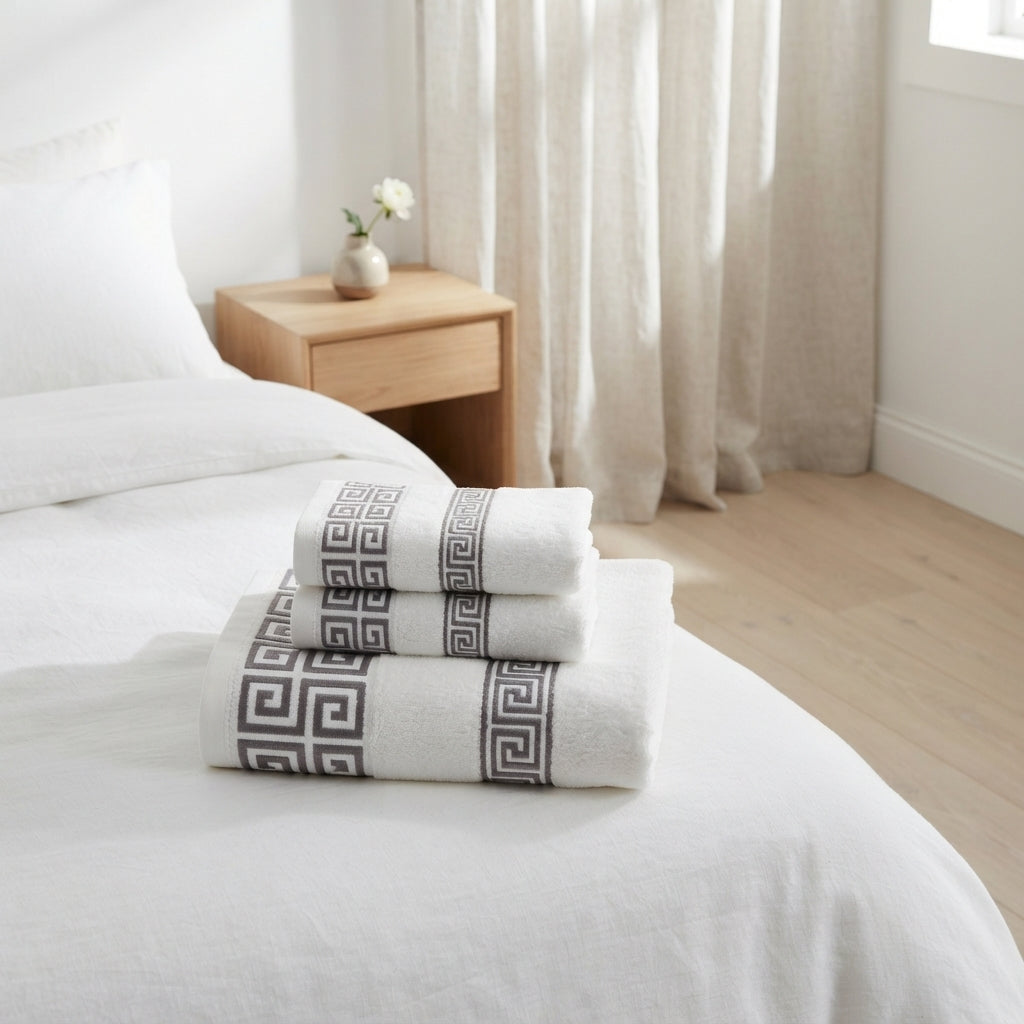 3 Piece Bath Towel Set - Cotton Greek Key Towels
