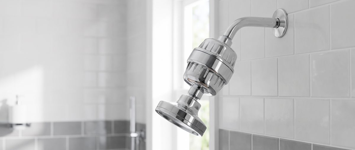 The Sorelle Compact Shower Filter fitted inline on a shower arm above a shower head