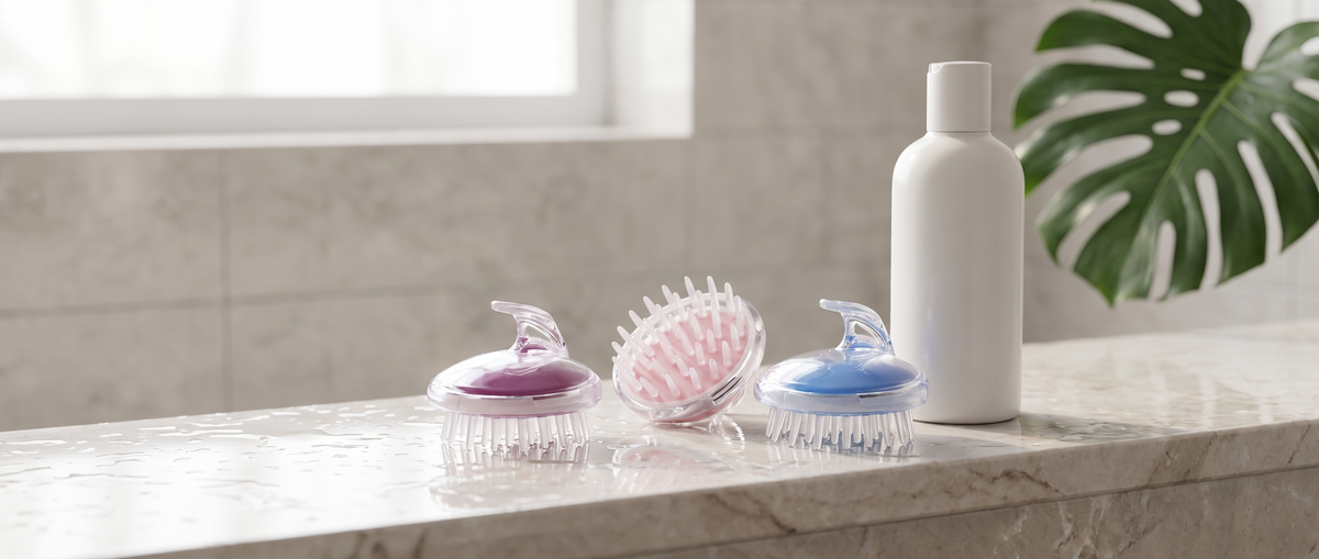 Sorelle Scalp and Body Massagers on a marble ledge beside a bottle