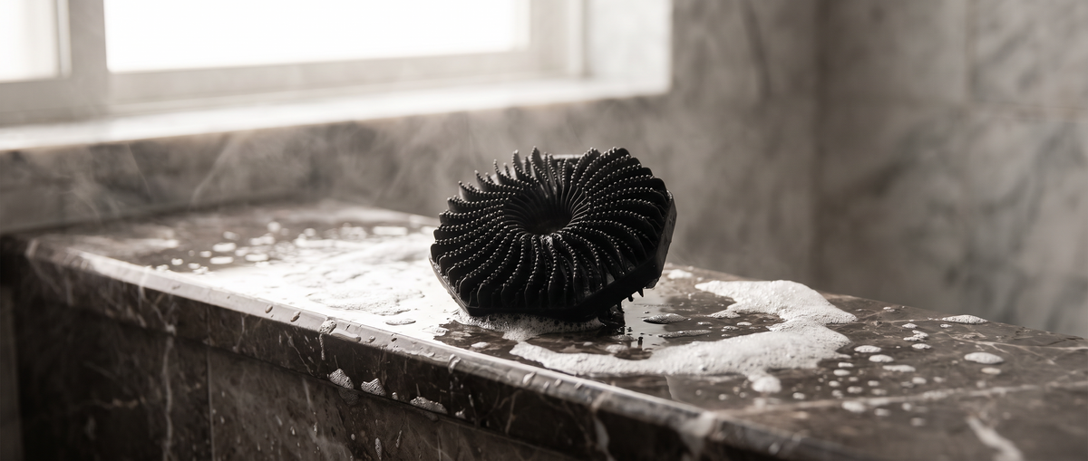 The Sorelle Silicone Massage Brush on a marble ledge with soap suds