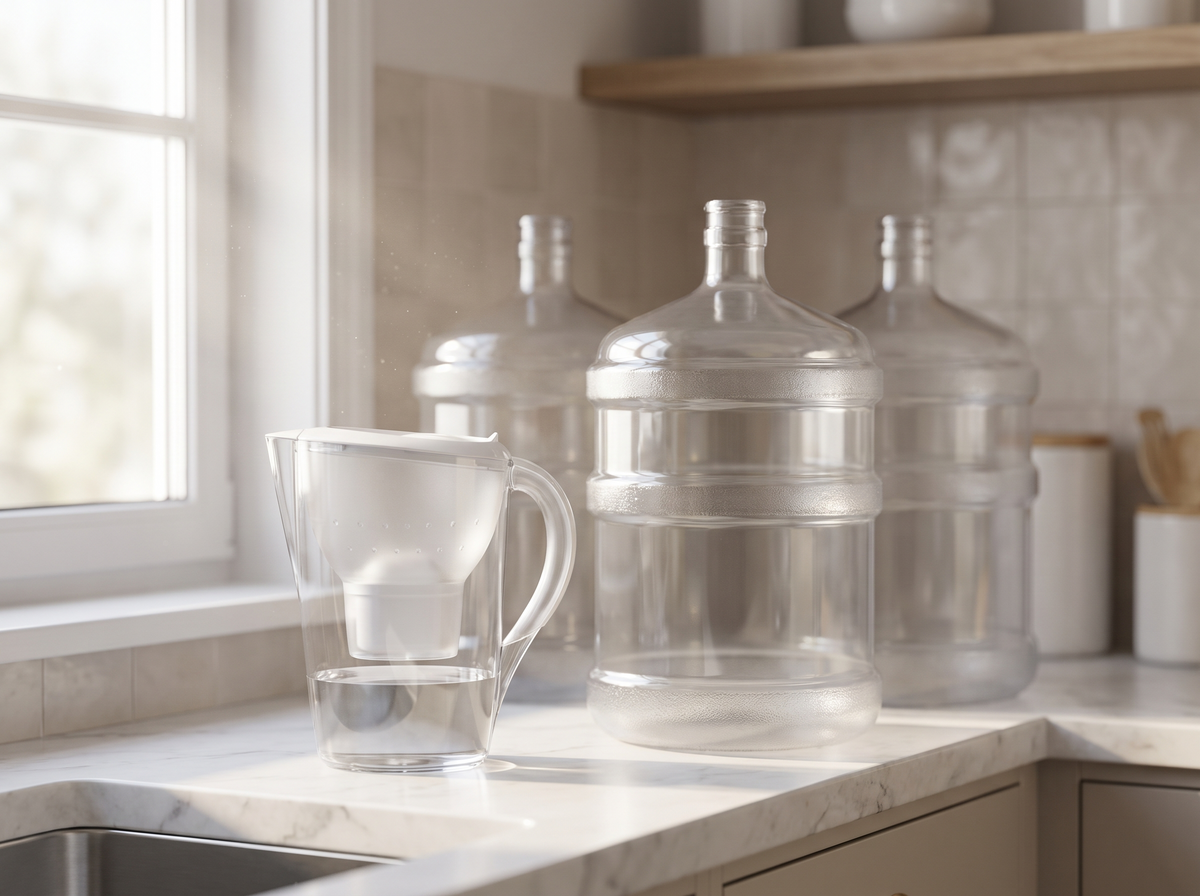 A water filter pitcher and large water jugs on a kitchen counter
