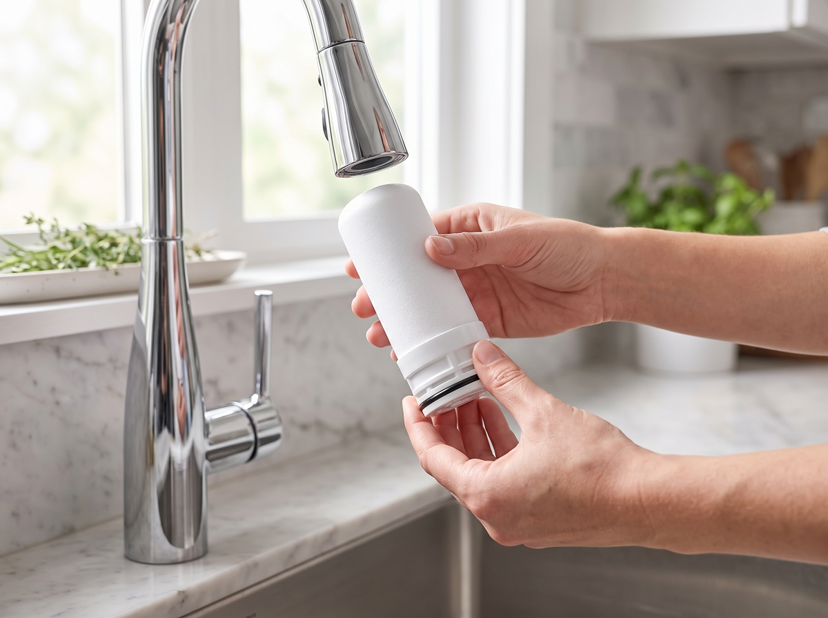 Hands fitting a replacement filter cartridge to a kitchen faucet filter