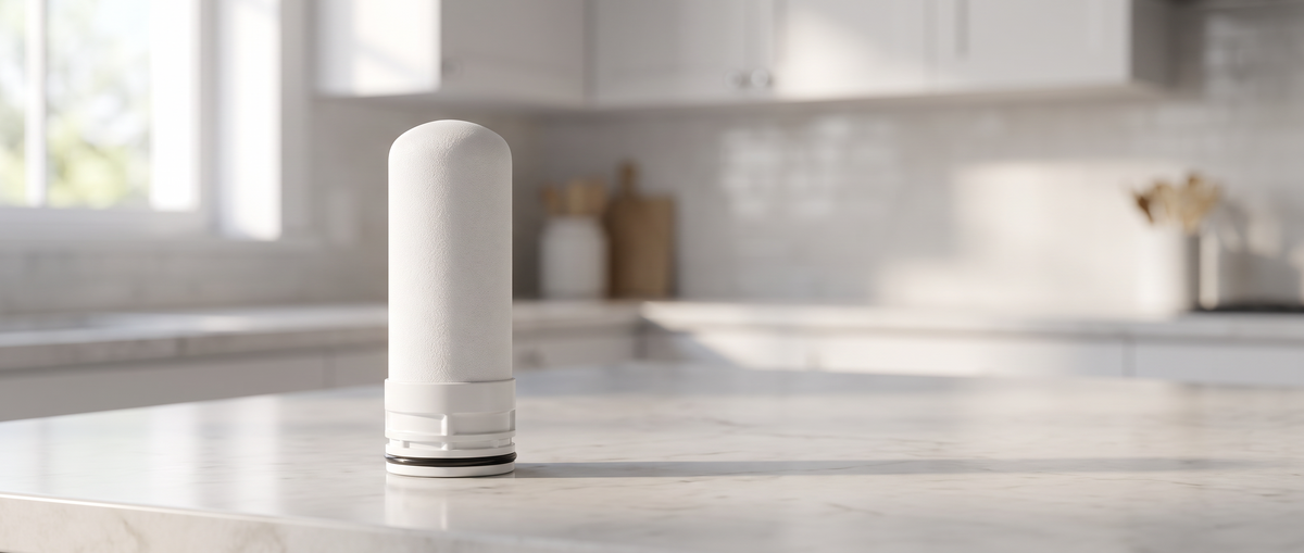 Sorelle tap replacement filter cartridge on a kitchen counter