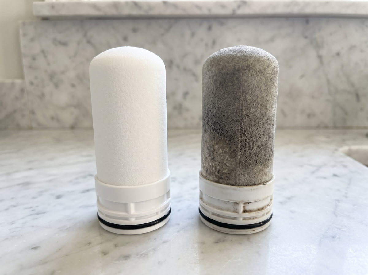 A fresh tap filter cartridge beside a used and discoloured one
