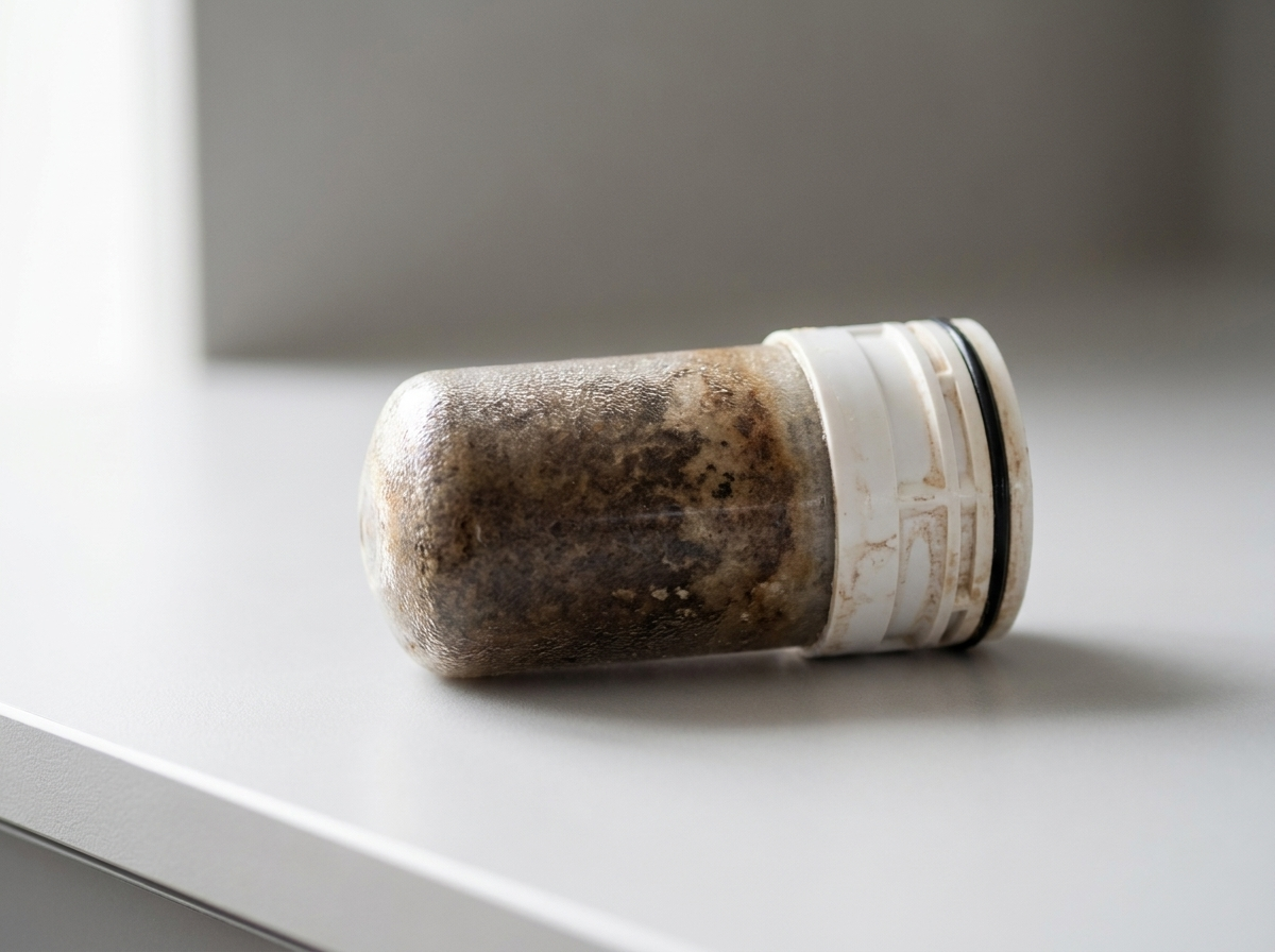 A spent tap water filter cartridge with discoloured filter media