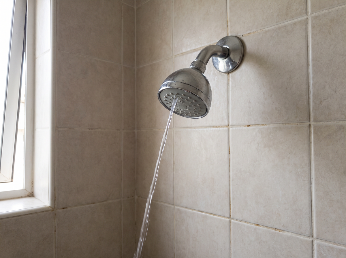A basic fixed chrome shower head running on a tiled bathroom wall
