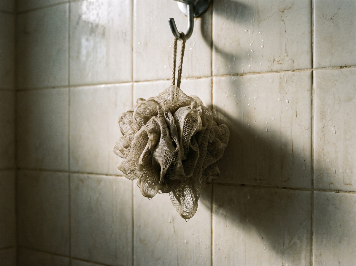 A damp mesh loofah hanging on a hook in a shower
