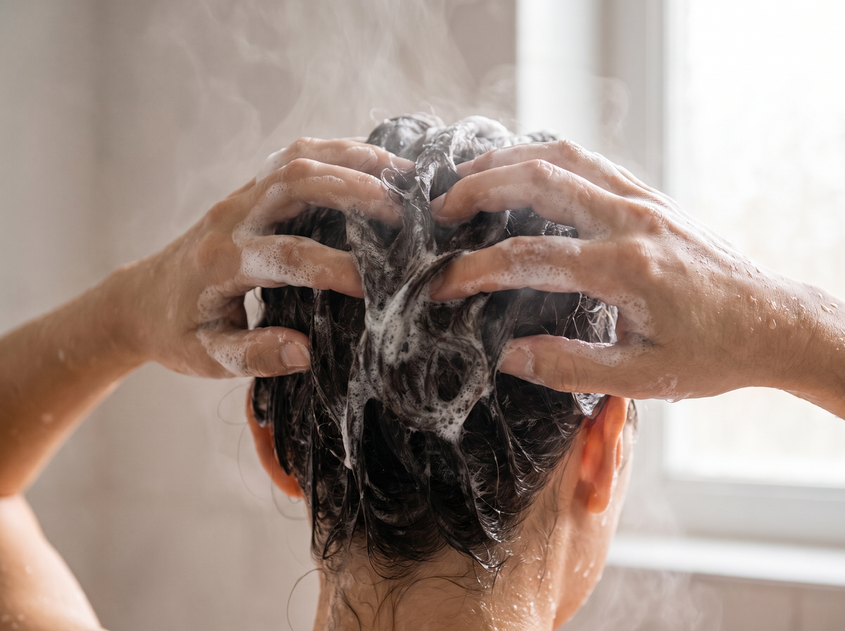 Hands lathering shampoo into wet hair