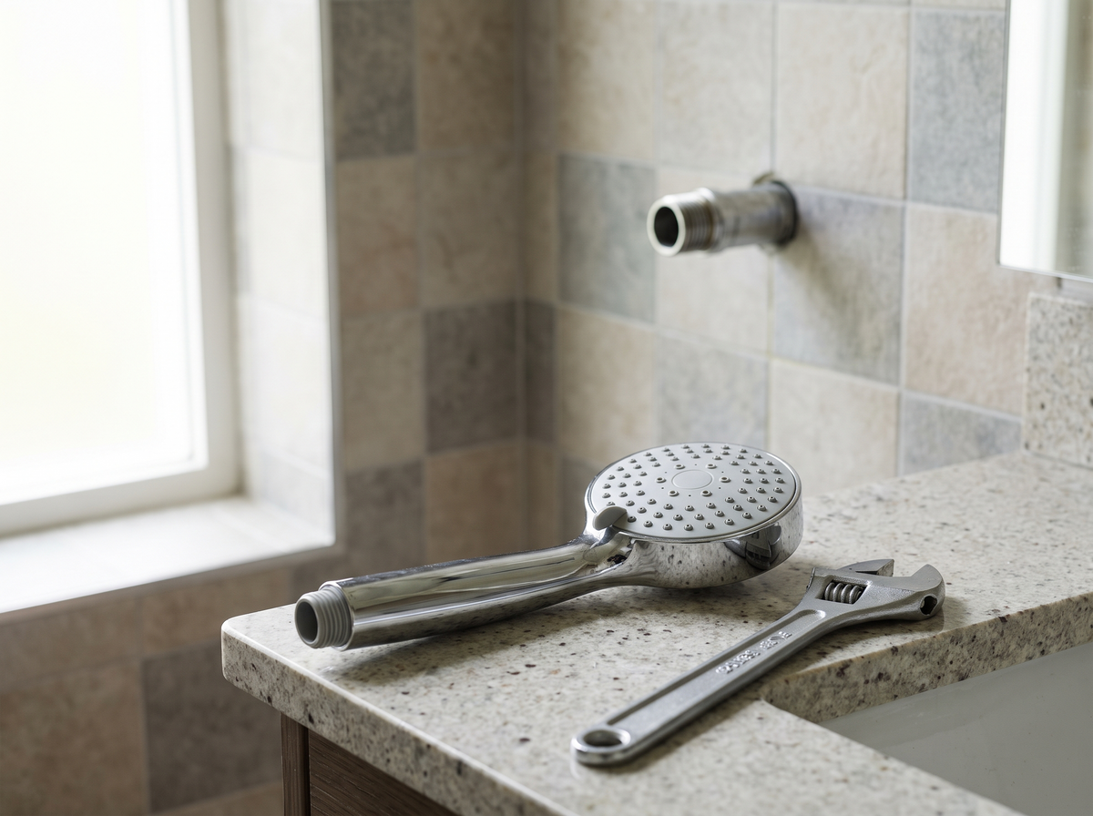 A shower head unscrewed and lying on a bathroom counter beside a wrench